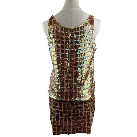 Moda International Sequin Top & Skirt Set S/4 Gold & Bronze 100% Silk Made In Ch - Picture 2 of 8
